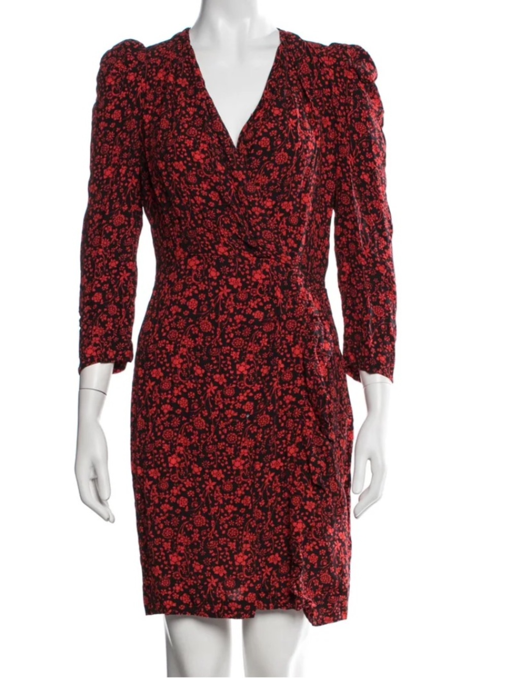 Maje Black and Red Floral Long-Sleeve Wrap Dress